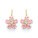 Flower Drop Earrings with Pink & White CZ in 14K Gold