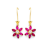 Flower Drop Earrings with Red & White CZ in 14K Gold