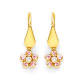 Flower Drop Earrings with Pink & White CZ in 14K Gold