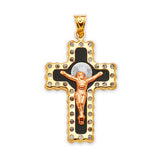 White CZ and Onyx Crucifix Pendant in 14K Tri-Color Gold