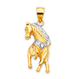 White CZ Horse Mens Pendant in 14K Two-Tone Gold