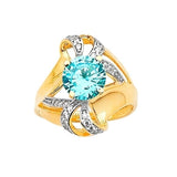 Blue & White CZ Center-Stone Ladies Ring in 14K Two-Tone Gold