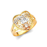 White CZ Heart Ladies Ring in 14K Tri-Color Gold