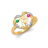 Multi-Color CZ Heart Ladies Ring in 14K Tri-Color Gold