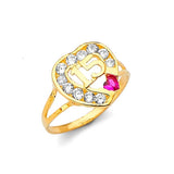 Red & White CZ Heart Ladies Ring in 14K Gold