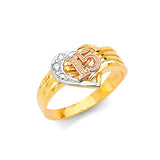 White CZ Heart Ladies Ring in 14K Tri-Color Gold