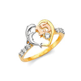 White CZ Heart Ladies Ring in 14K Tri-Color Gold