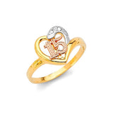 White CZ Heart Ladies Ring in 14K Tri-Color Gold