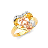 White CZ Heart Ladies Ring in 14K Tri-Color Gold