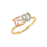 White CZ Heart Ladies Ring in 14K Tri-Color Gold