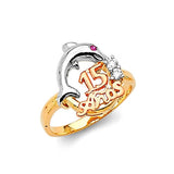 Red & White CZ Ladies Ring in 14K Tri-Color Gold