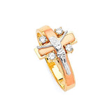 White CZ Crucifix Ladies Ring in 14K Tri-Color Gold