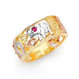 Red & White CZ Lucky Charm Ladies Ring in 14K Tri-Color Gold