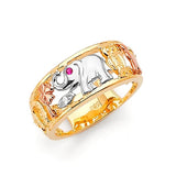 Red & White CZ Lucky Charm Ladies Ring in 14K Tri-Color Gold