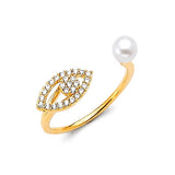 White CZ and Pearl Eye Ladies Ring in 14K Gold