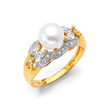 White CZ and Pearl Ladies Ring in 14K Two-Tone Gold