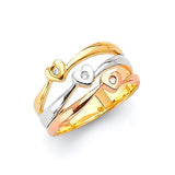 White CZ Heart Multi-Band Ladies Ring in 14K Tri-Color Gold