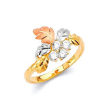 White CZ Leaf Ladies Ring in 14K Tri-Color Gold