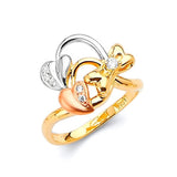 White CZ Heart Ladies Ring in 14K Tri-Color Gold