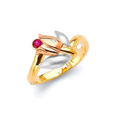 Red & White CZ Flower Ladies Ring in 14K Tri-Color Gold