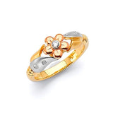 White CZ Flower Ladies Ring in 14K Tri-Color Gold