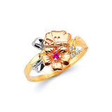 Red & White CZ Flower Ladies Ring in 14K Tri-Color Gold