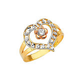 White CZ Heart Ladies Ring in 14K Tri-Color Gold