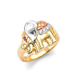 Red & White CZ Elephant Ladies Ring in 14K Tri-Color Gold