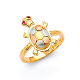 Red CZ Turtle Ladies Ring in 14K Tri-Color Gold