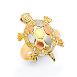 Red & White CZ Turtle Ladies Ring in 14K Tri-Color Gold