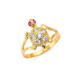 Red & White CZ Turtle Ladies Ring in 14K Gold