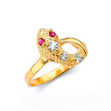 Red & White CZ Snake Ladies Ring in 14K Gold