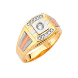 White CZ Fancy Mens Ring in 14K Tri-Color Gold