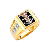 White CZ and Onyx Crucifix Mens Ring in 14K Tri-Color Gold