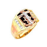 White CZ and Onyx Crucifix Mens Ring in 14K Tri-Color Gold