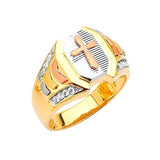 White CZ Cross Mens Ring in 14K Tri-Color Gold