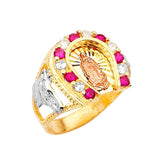 Red & White CZ Guadalupe Mens Ring in 14K Tri-Color Gold