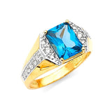 Blue CZ & White CZ Center-Stone Mens Ring in 14K Two-Tone Gold