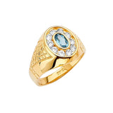 Blue & White CZ Center-Stone Mens Ring in 14K Gold