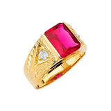 Red & White CZ Center-Stone Mens Ring in 14K Gold