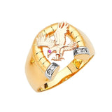 Red & White CZ Eagle Mens Ring in 14K Tri-Color Gold