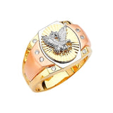 White CZ Eagle Mens Ring in 14K Tri-Color Gold