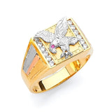 Red & White CZ Eagle Mens Ring in 14K Tri-Color Gold