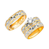 White CZ Three-Piece Diamond-Cut Wedding Ring in 14K Two-Tone Gold