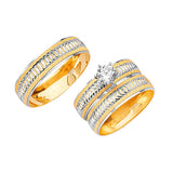 White CZ Three-Piece Diamond-Cut Wedding Ring in 14K Two-Tone Gold