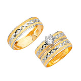 White CZ Three-Piece Diamond-Cut Wedding Ring in 14K Two-Tone Gold