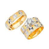 White CZ Three-Piece Diamond-Cut Wedding Ring in 14K Two-Tone Gold