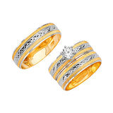 White CZ Three-Piece Diamond-Cut Wedding Ring in 14K Two-Tone Gold