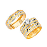 White CZ Three-Piece Diamond-Cut Wedding Ring in 14K Two-Tone Gold