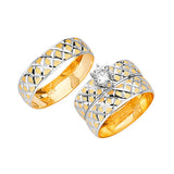 White CZ Three-Piece Diamond-Cut Wedding Ring in 14K Two-Tone Gold